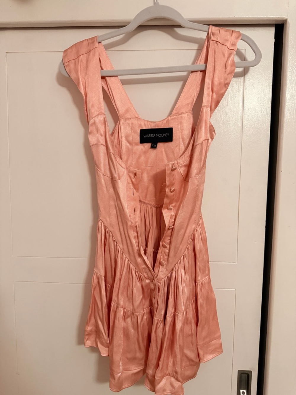 Vanessa Mooney Satin Peach Button-Front Mini